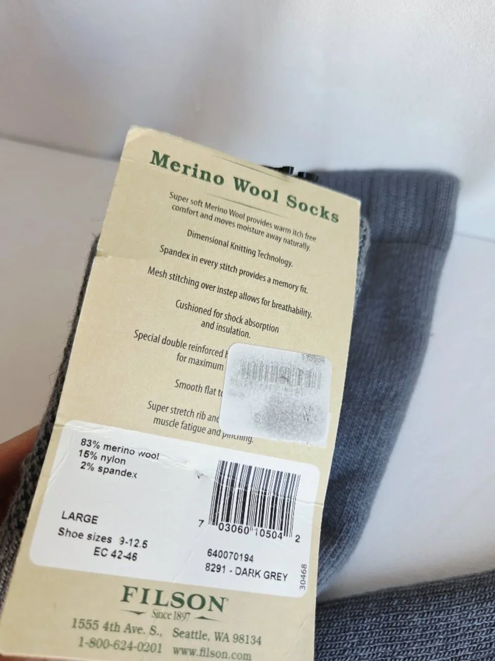NEW FILSON Made in USA Merino Wool Socks Heavyweight Over the Calf Dark Grey